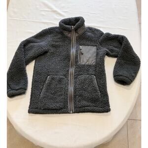 Abercrombie Fleece Sherpa Jacket Women’s M Dark Gray Leather Detail Gold Zipper